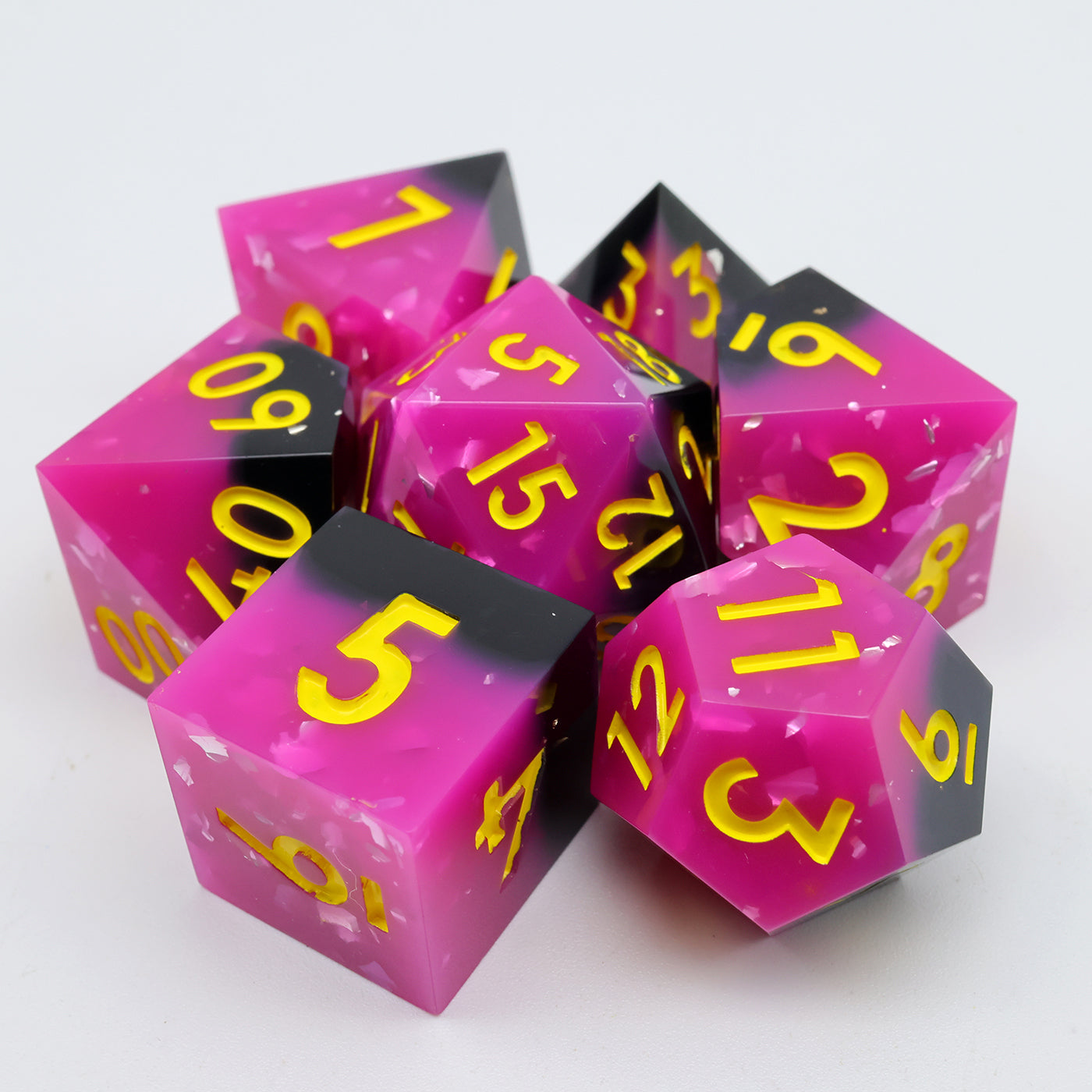 Punk Is Dead DND sharp edge dice, vibrant hot pink, black finished with neon yellow fonts for a music RPG