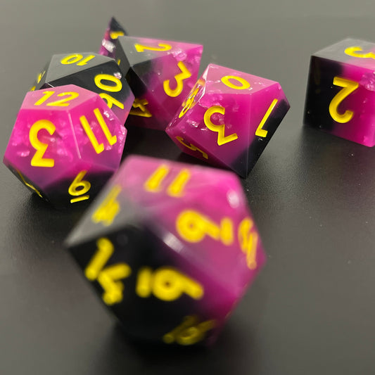 Punk Is Dead DND sharp edge dice, vibrant hot pink, black finished with neon yellow fonts for a music RPG