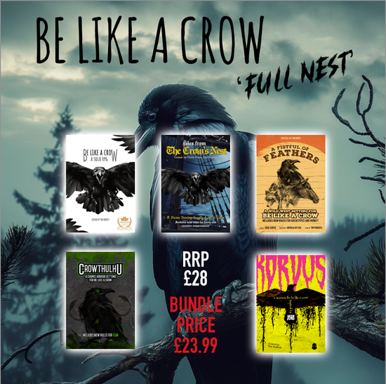 Be like a crow full next, includes the core rulebook, fistful of feathers, crowthulhu and Korvus for your solo RPG adventures