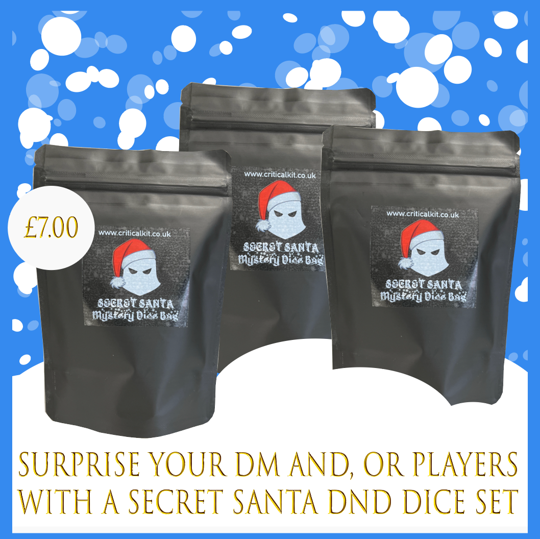 Secret Santa dice bags for TTRPG, DND dice sets, critical critters and dice goblins