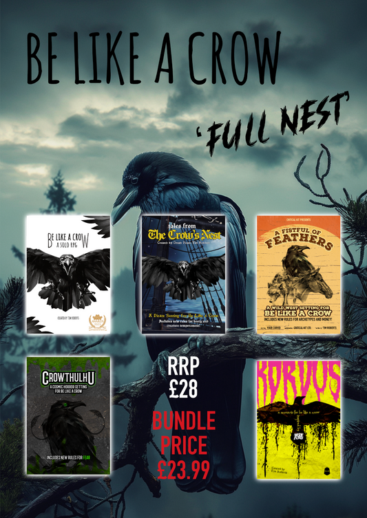 Be like a crow full next, includes the core rulebook, fistful of feathers, crowthulhu and Korvus for your solo RPG adventures