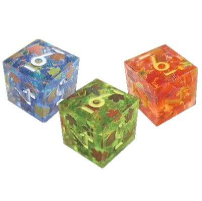 Autumnal D sharp edge dice with autumn leaves, blue, green and orange