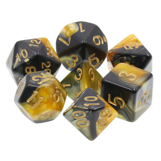 Mystical black and gold dnd dice set, rpg dice, dice goblin and critical critter dice collectors