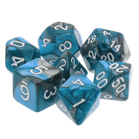 blue and silver dnd dice set, orange and rose dnd dice set, dnd dice, dice for critical critters and dice goblins