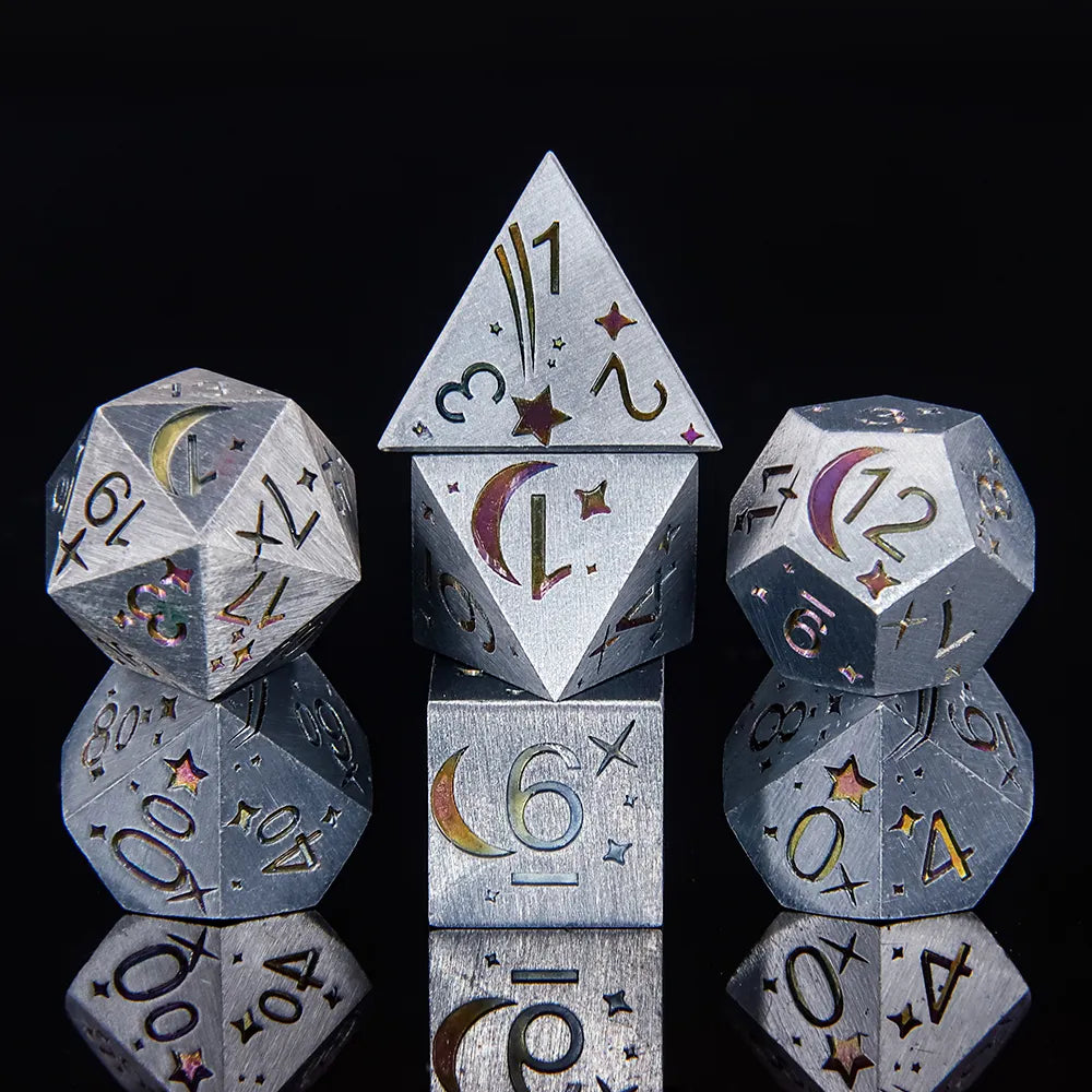 Cosmic dnd dice sets, cosmic dice, metal dice, metal dnd dice, metal rpg dice