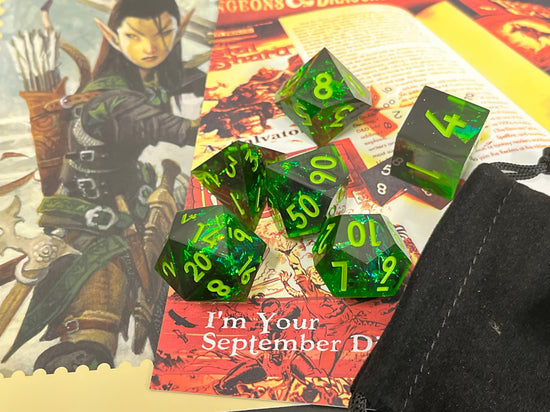 DND sharp edge dice set, for dice goblin and critical critter collectors, green sharp edge dice.