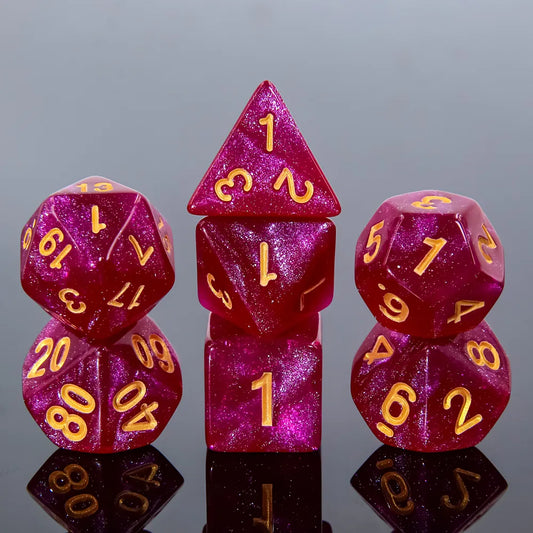 Vivid red DND dice, magenta rpg dice, dice for role playing games and one shot adventures, dice goblin and critical critters