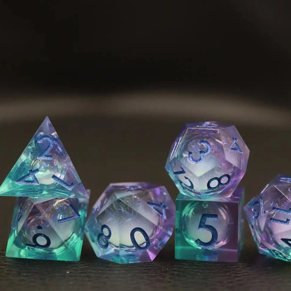 Gimme! Gimme! Gimme! liquid core sharp edge dnd dice set, dice goblin, TTRPG, role playing, role playing games