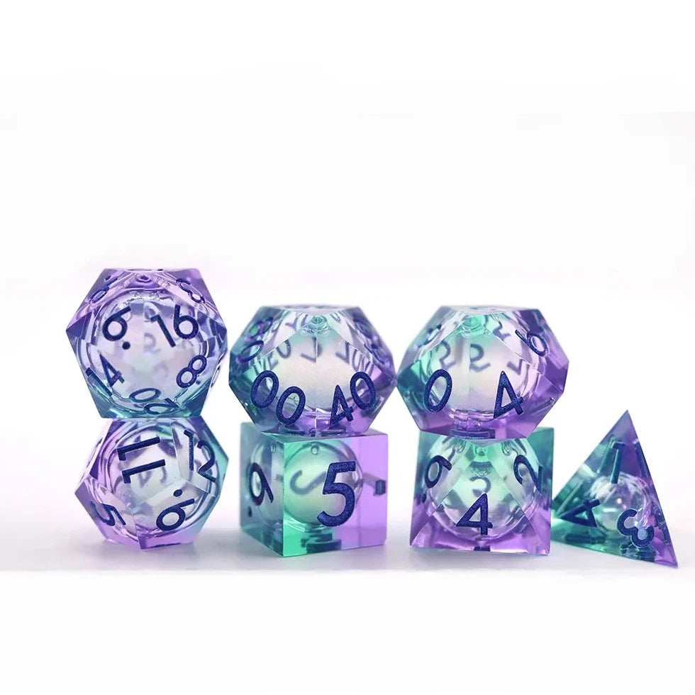 Gimme! Gimme! Gimme! liquid core sharp edge dnd dice set, dice goblin, TTRPG, role playing, role playing games