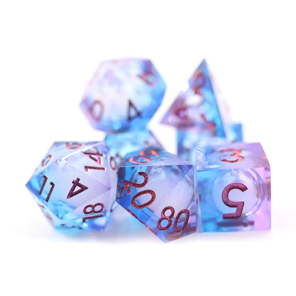 Heart of Glass, liquid core dnd dice set, sharp edge dice, TTRPG, role playing, role playing games