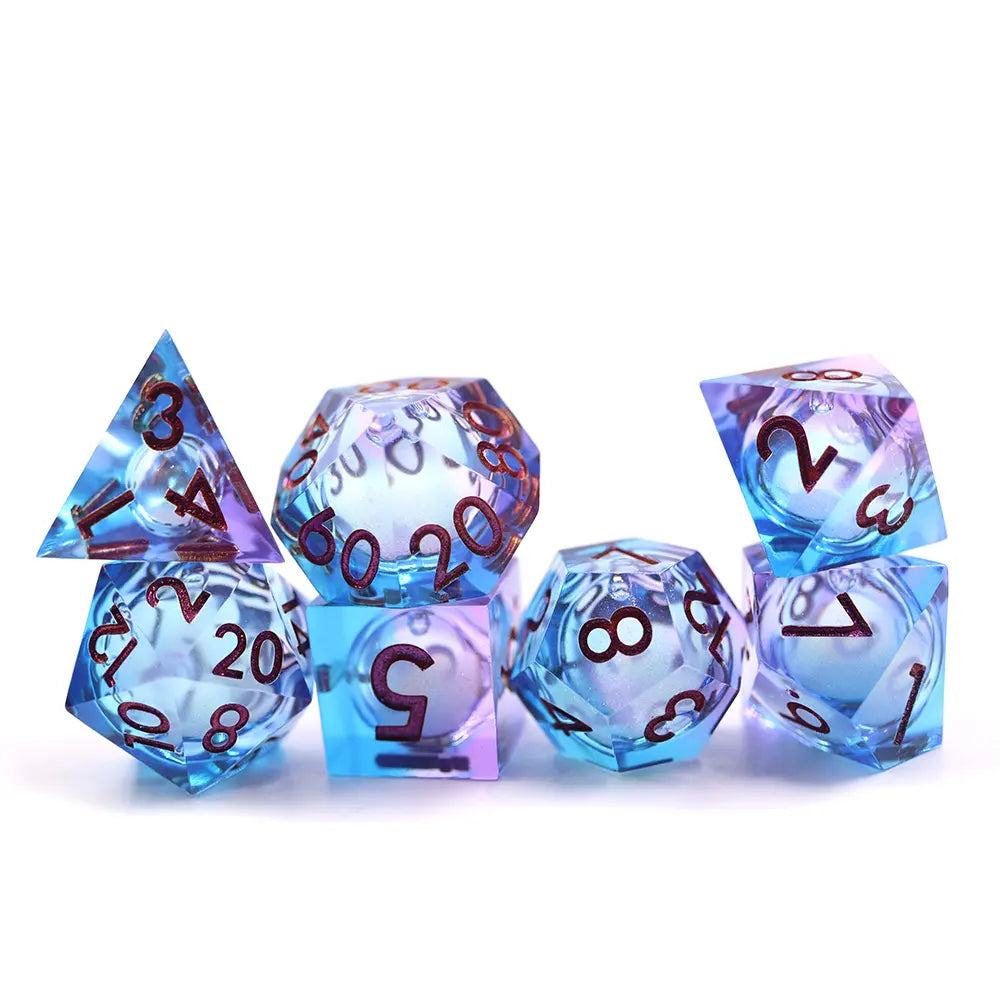 Heart of Glass, liquid core dnd dice set, sharp edge dice, TTRPG, role playing, role playing games