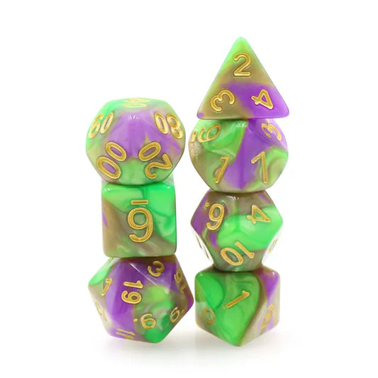 lavendar and green dnd dice set, dnd dice, rpg dice, dice for role playing games, dnd dice set for ice goblin and critical critters