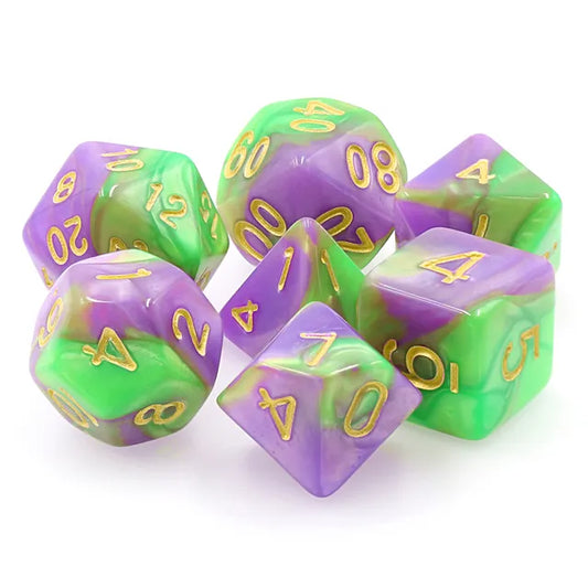 lavendar and green dnd dice set, dnd dice, rpg dice, dice for role playing games, dnd dice set for ice goblin and critical critters