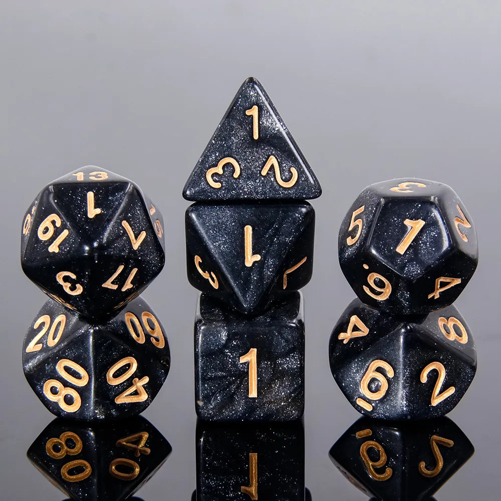 jet black DND dice, jet black rpg dice, dice for role playing games and one shot adventures, dice goblin and critical critters