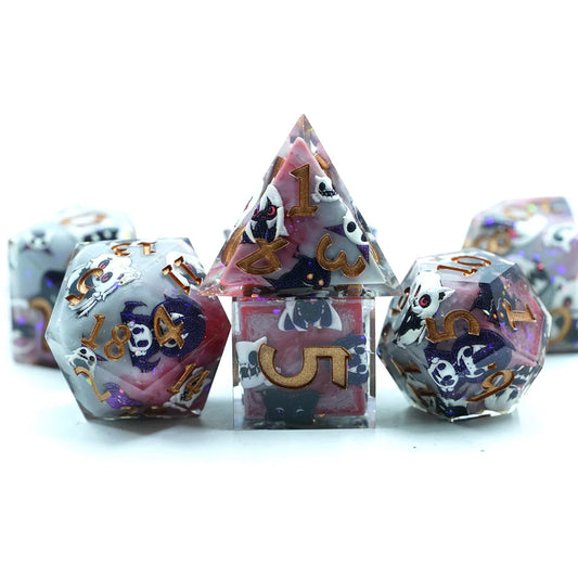 monster dnd dice set, sharp edge dice, sticker dice sets, rpg dice, critical critters and dice goblins