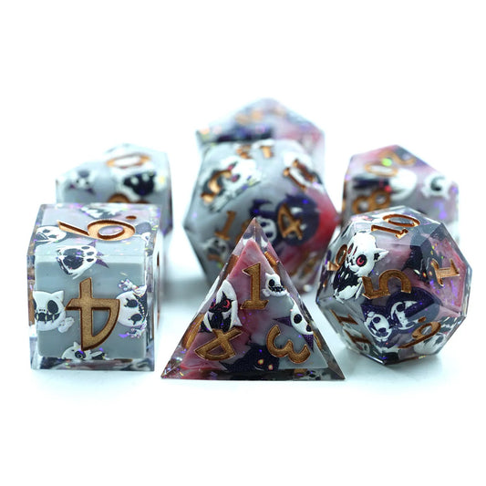 monster dnd dice set, sharp edge dice, sticker dice sets, rpg dice, critical critters and dice goblins