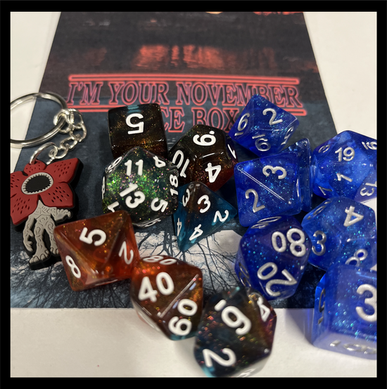 Stranger Things dnd dice set, monthly dnd dice box, dnd dice