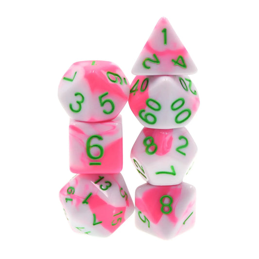 Pink and white swirl dnd dice set with fresh green inks, rpg dice, dnd dice sets for role playing games