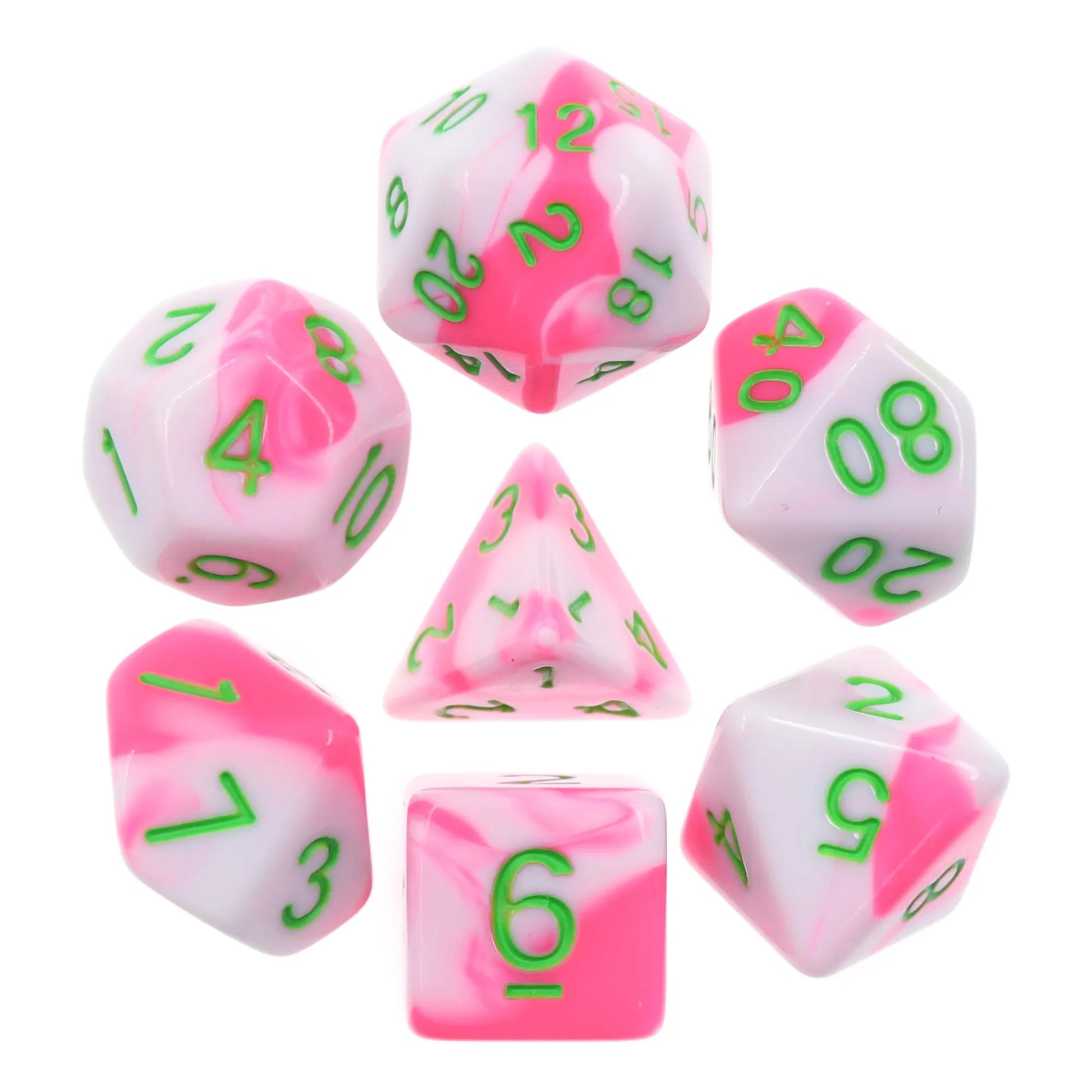 Pink and white swirl dnd dice set with fresh green inks, rpg dice, dnd dice sets for role playing games