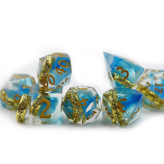 Precious gold ring with inscription, emerald and white clouds sharp edge dice for dnd, RPG, critical critters, dice goblin and dice dragon collectors