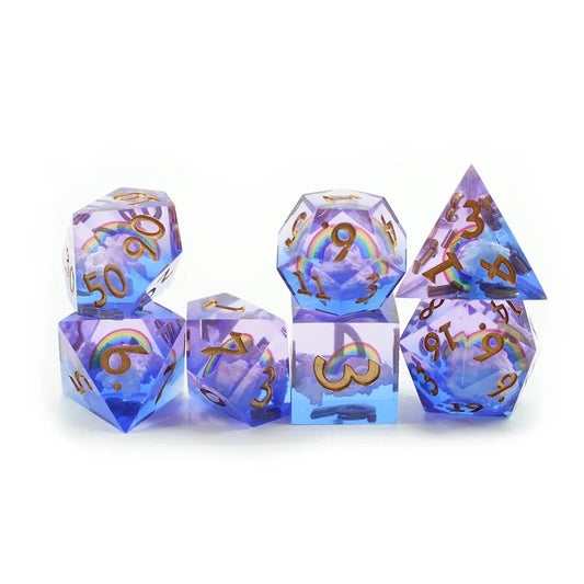 Over the rainbow dnd dice set, sharp edge with rainbow for critical critters, dice goblin and dice dragon collectors