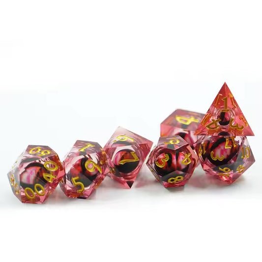 DND red dragon eye, sharp edge, dnd dice set, rpg dice