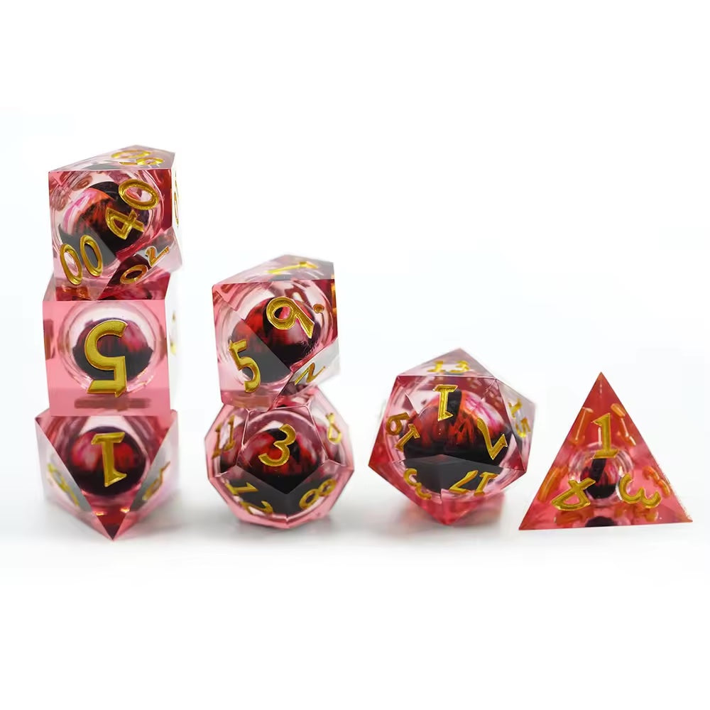 DND red dragon eye, sharp edge, dnd dice set, rpg dice