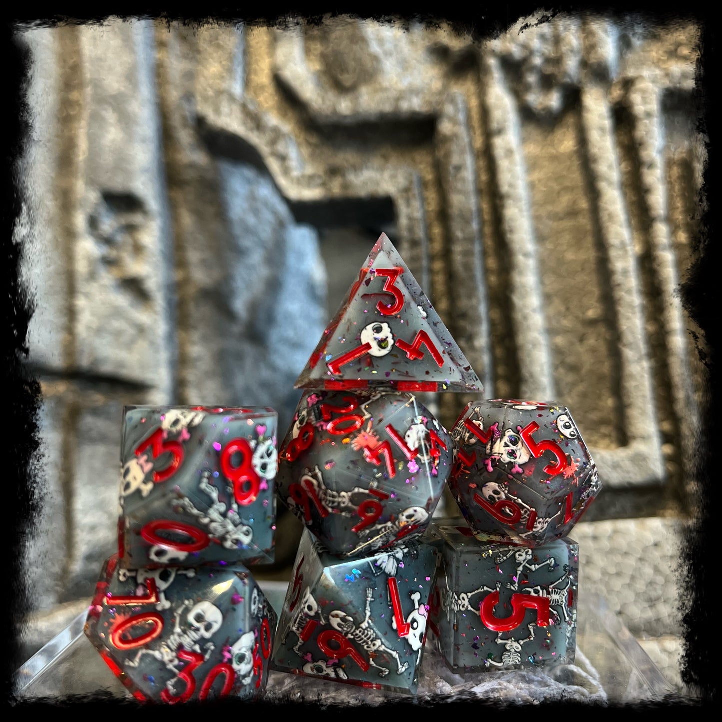 sharp edge dnd dice set, skeleton dnd dice sets, rpg dice