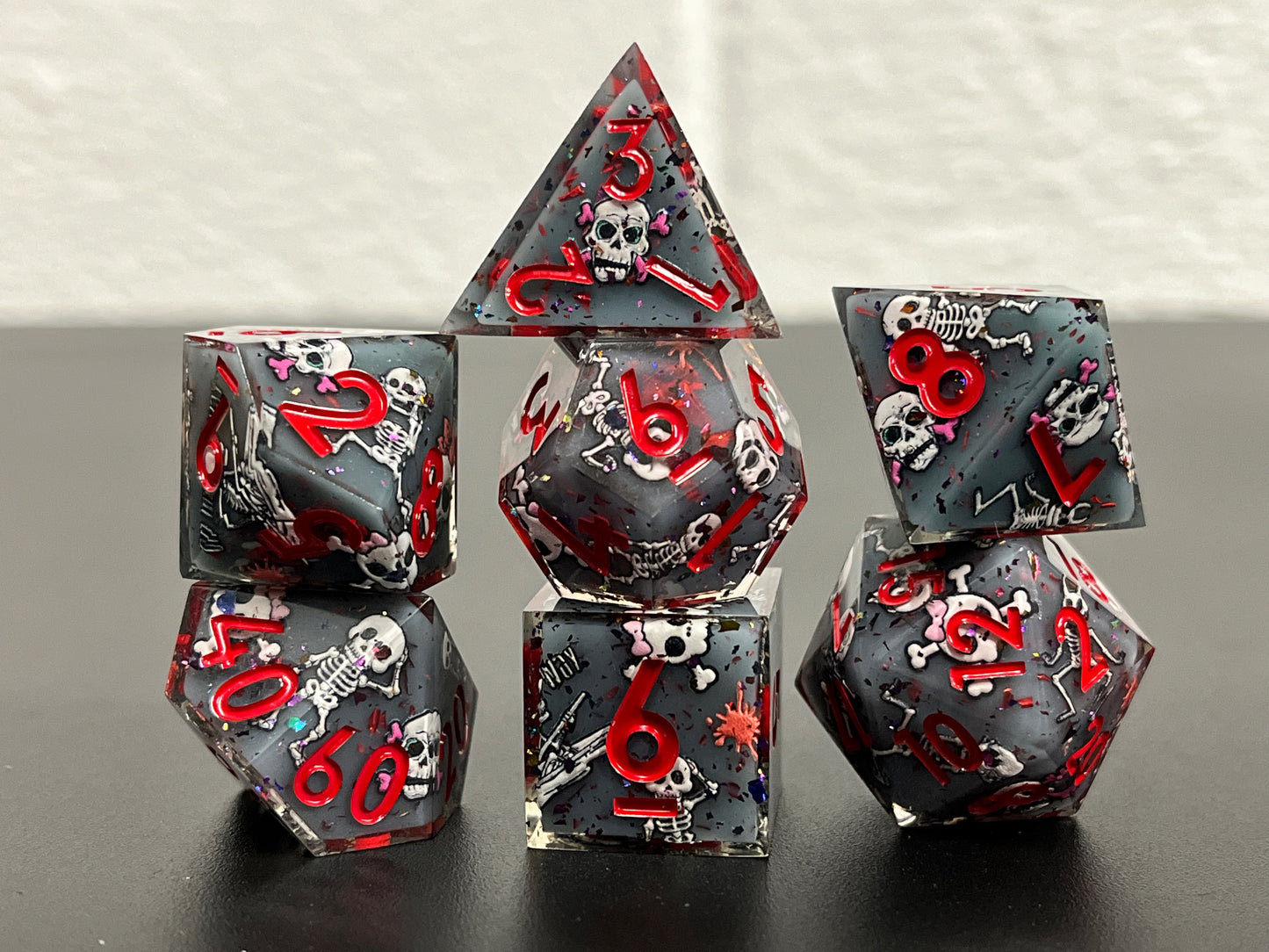 Framed Skelly sharp edge TTRPG/DND dice set