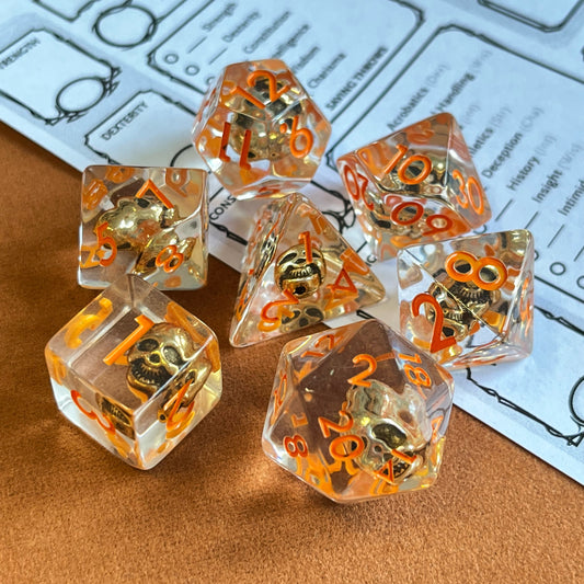 Gold Skull inclusion DND dice sets, DND dice sets for TTRPG role playing games