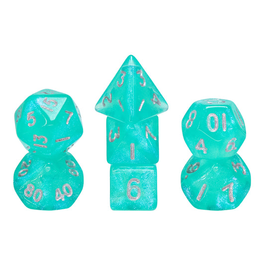 Iridescent aqua dnd dice set, dnd dice sets, polyhedral dice, math rocks, click clacks