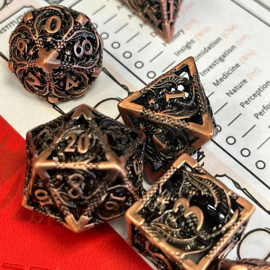 dragon scale metal dnd dice, metal TTRPG dice set, role playing, role playing games