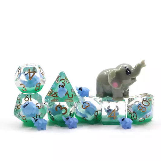 Blue Elephant dnd dice set, DND dice sets, polyhedral dice, shiney math rocks, clickety click clacks