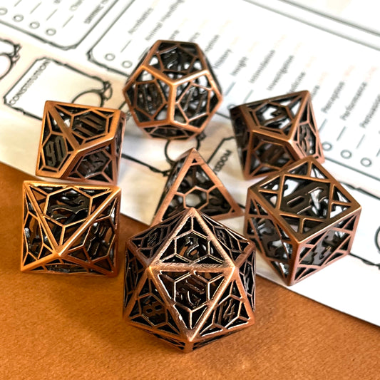 Metal dnd dice sets, TTRPG, role playing games, polyhedral dice, shiny math rocks, table breakers