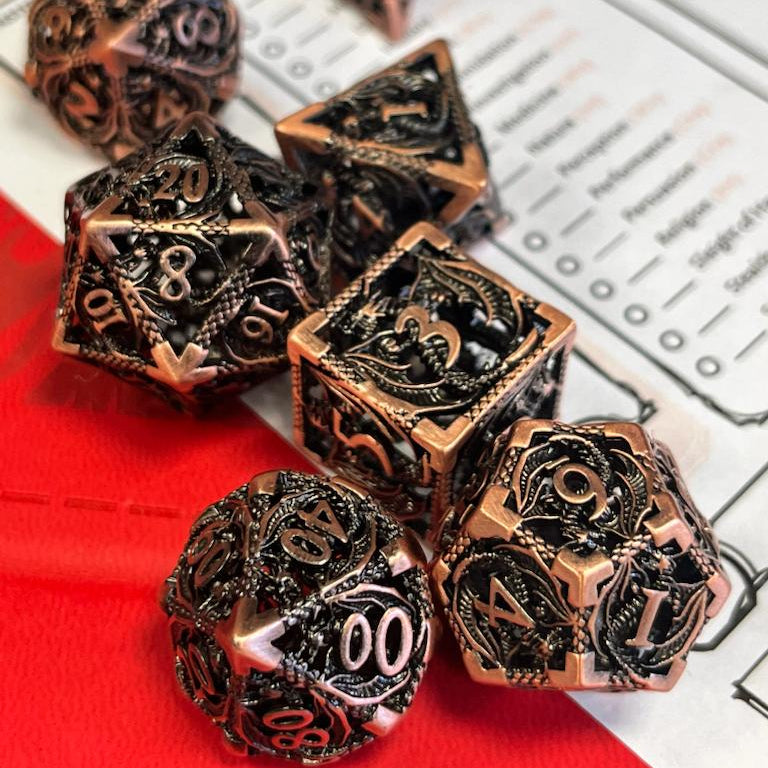 metal dragon scale, dnd dice set, metal dice, ttrpg dice, role playing, role playing games