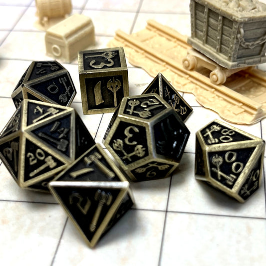 reckless metal dnd dice, metal dice, ttrpg dice set, role playing, role playing games